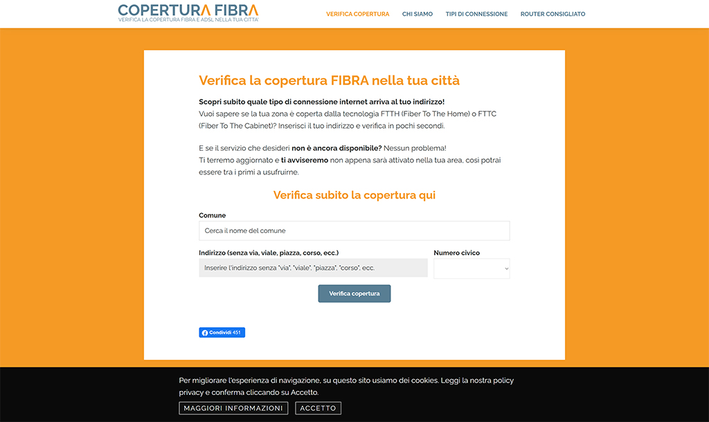 Schermata del servizio Coperturafibra per la verifica della copertura